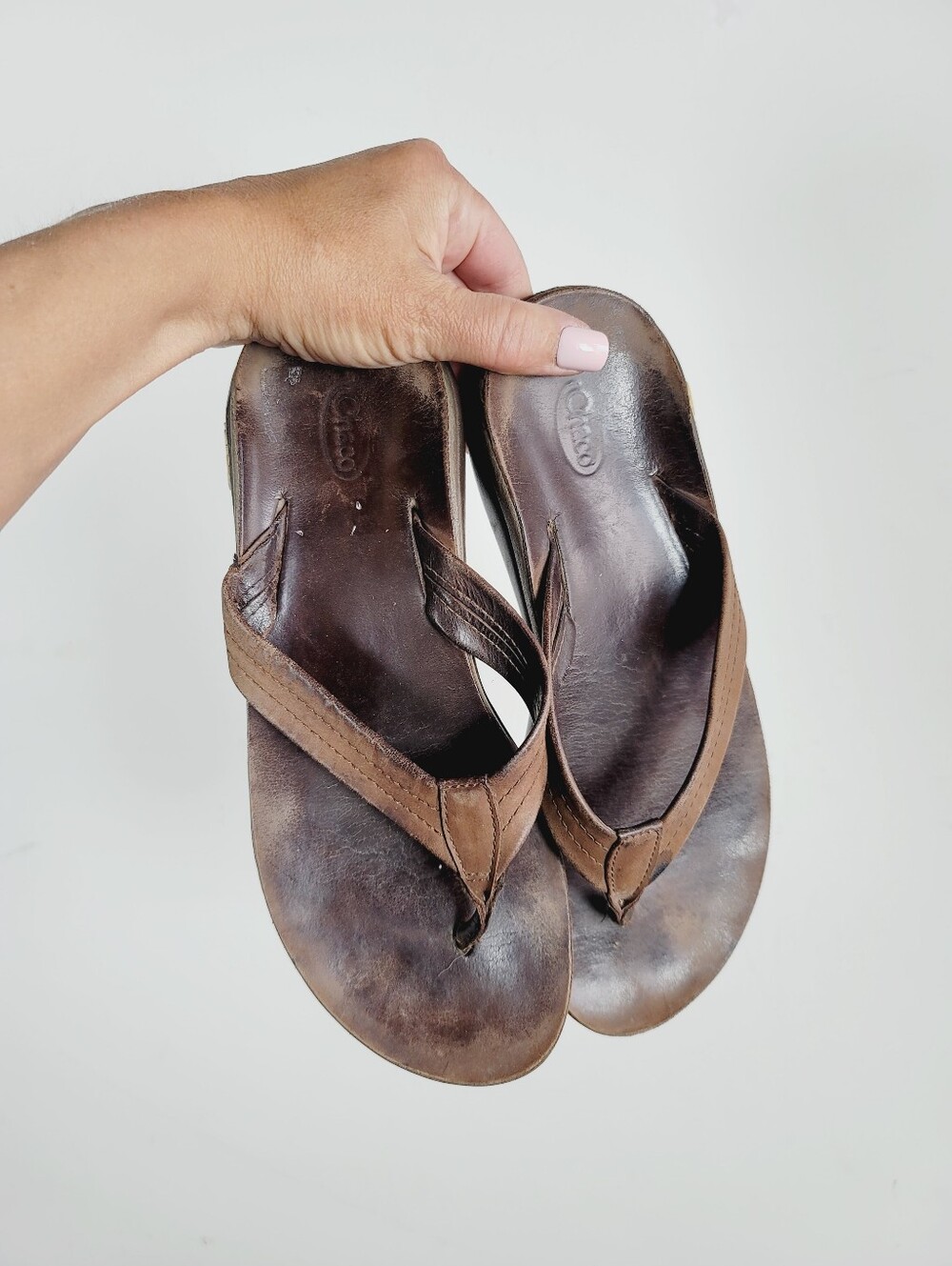 Chaco Brown Leather Thong Sandals, Size 9